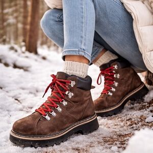 RIVERLAND Brown Leather  Hiking Boots with Red Laces